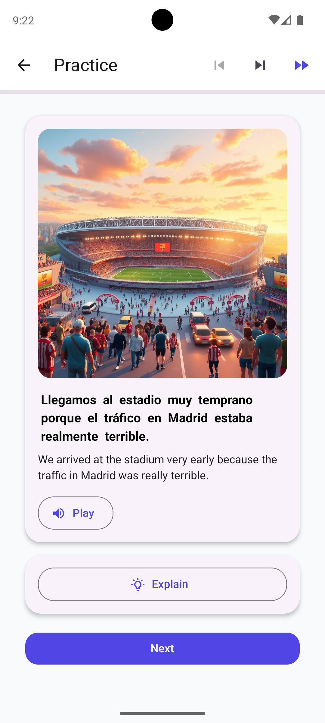Viglot app — Spanish scenario with AI-generated imagery